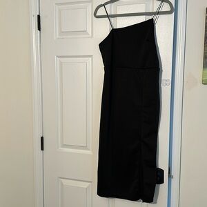 Black asymmetrical spaghetti strap dress